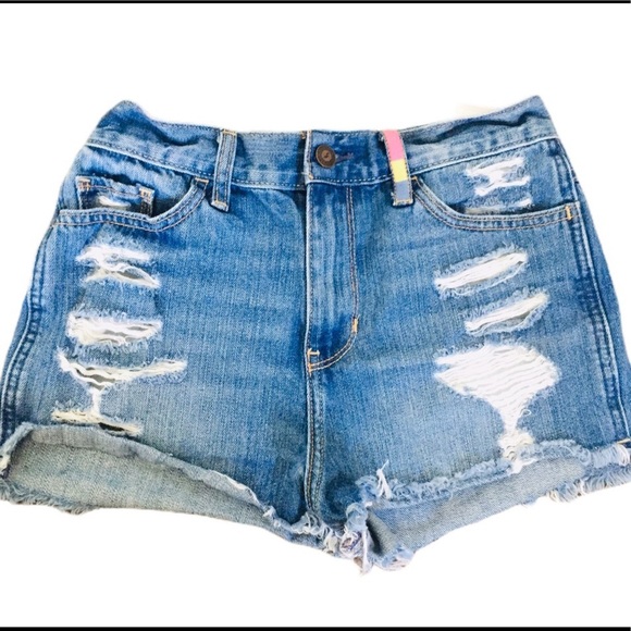 HOLLISTER Rainbow Pastel Trim Distressed Shorts With Pockets Jean Blue Size 3/26 - Picture 3 of 9